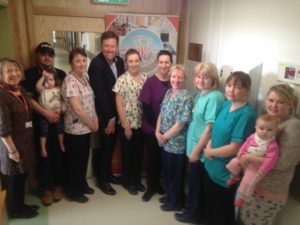 Lily Byrnes (GM WGH) and Ciaran Sheridan (Chairman Friends) with nursing staff, parents and children at St Gabriel's Ward